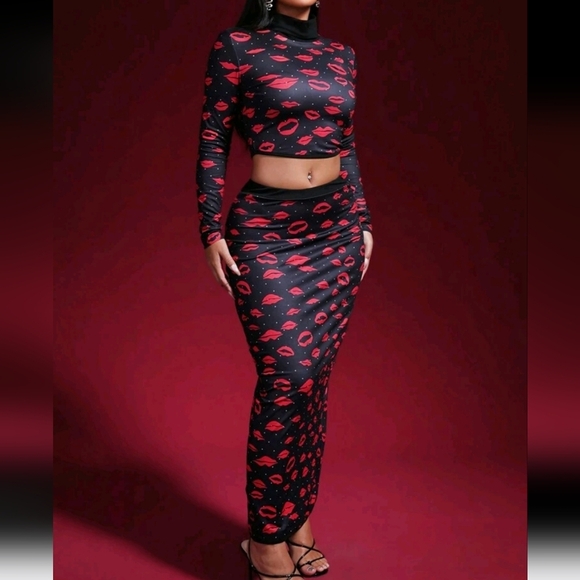 2pcs Set:High Neck Cropped Sweater Top And Lip Print Skirt,Fashionable,Stylish - Picture 3 of 4